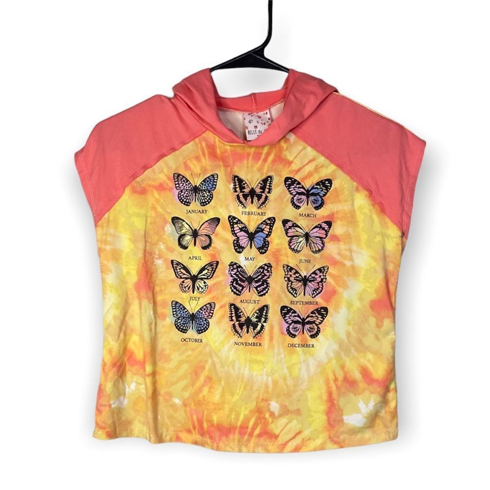 𝅺Belle Du Jour Girls Bright Tie Dye Butterfly months short sleeve hooded top